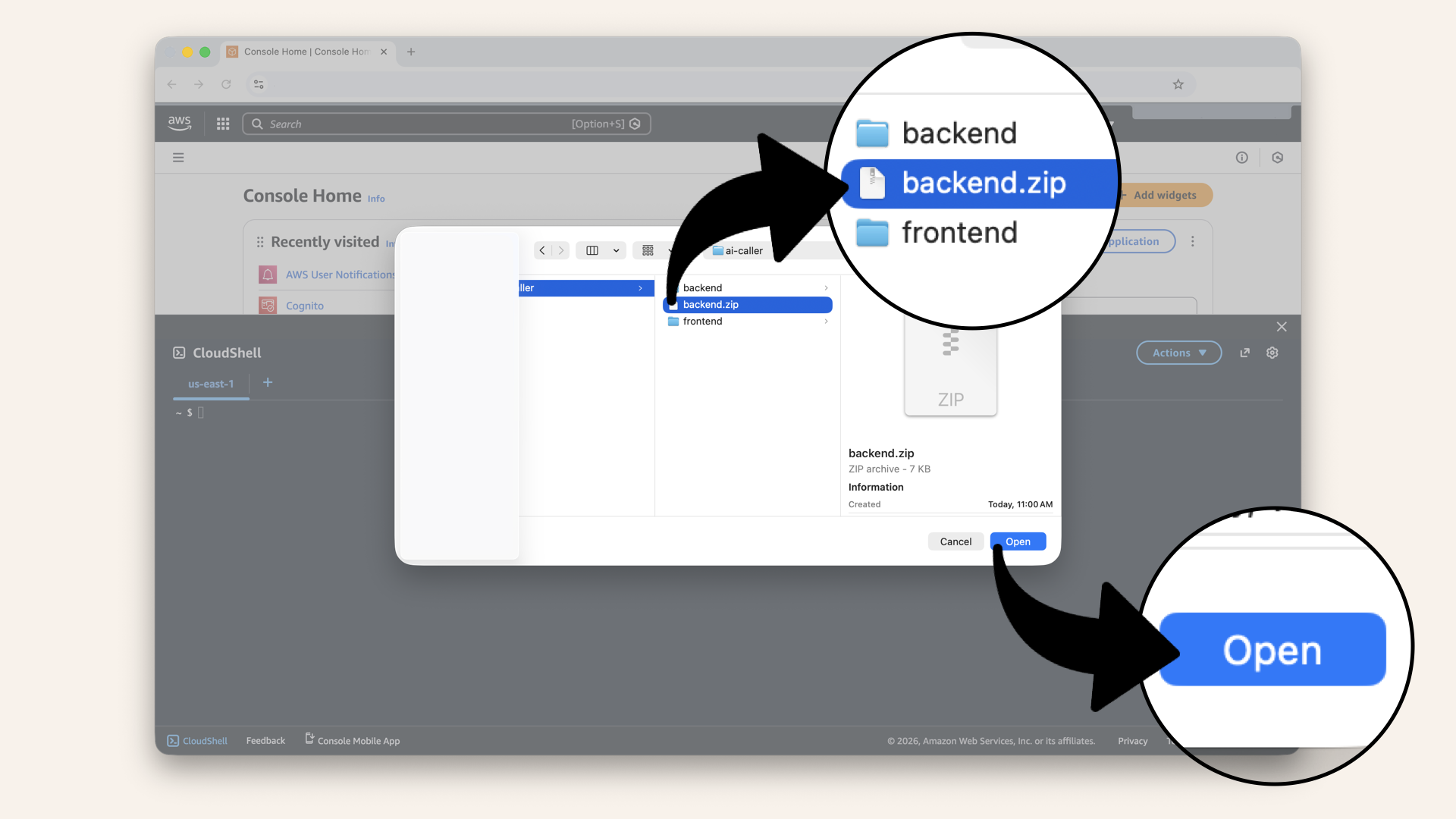 Select your backend.zip file and click Open