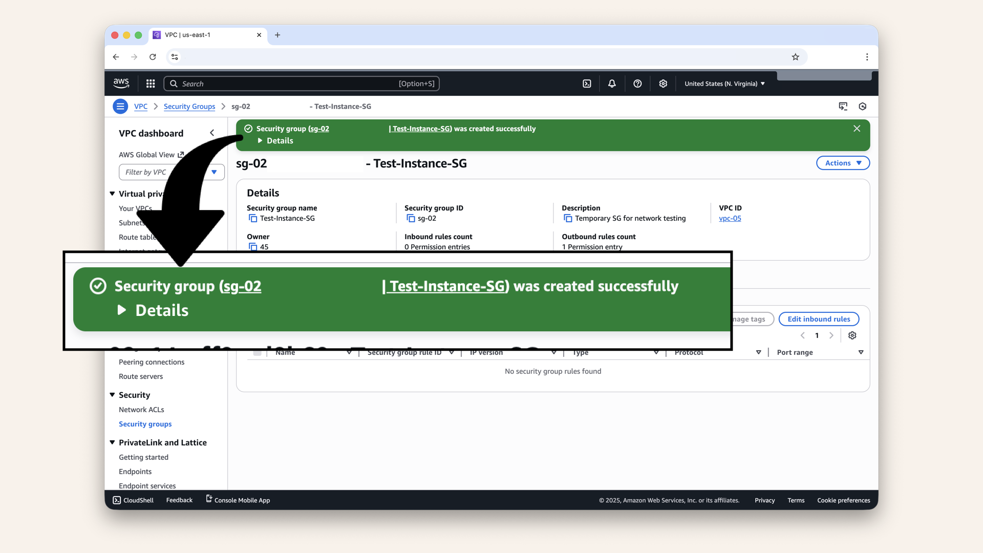 You should see: Security group created successfully You should see: Security group created successfully