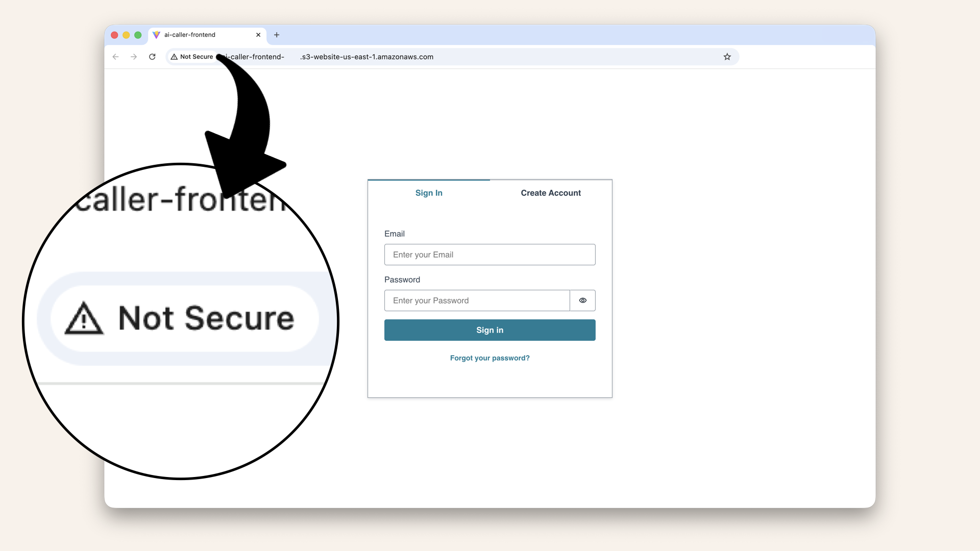 S3 websites are HTTP only, so youll see Not secure when visiting your S3 website endpoint