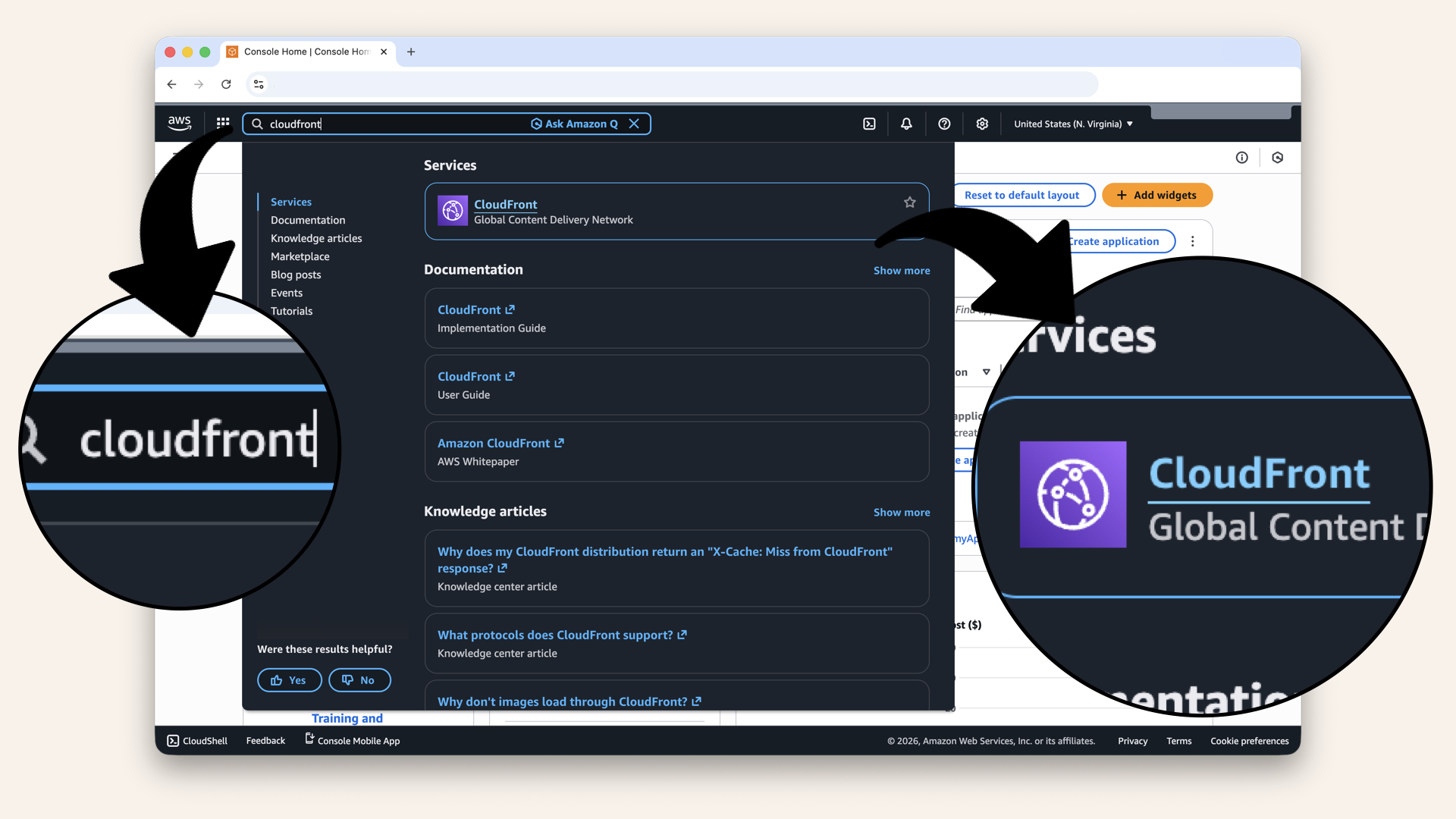 In the search bar at the top, type cloudfront and click CloudFront from the dropdown