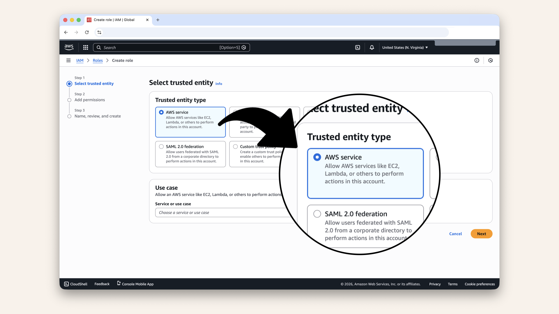 Select AWS service as trusted entity type