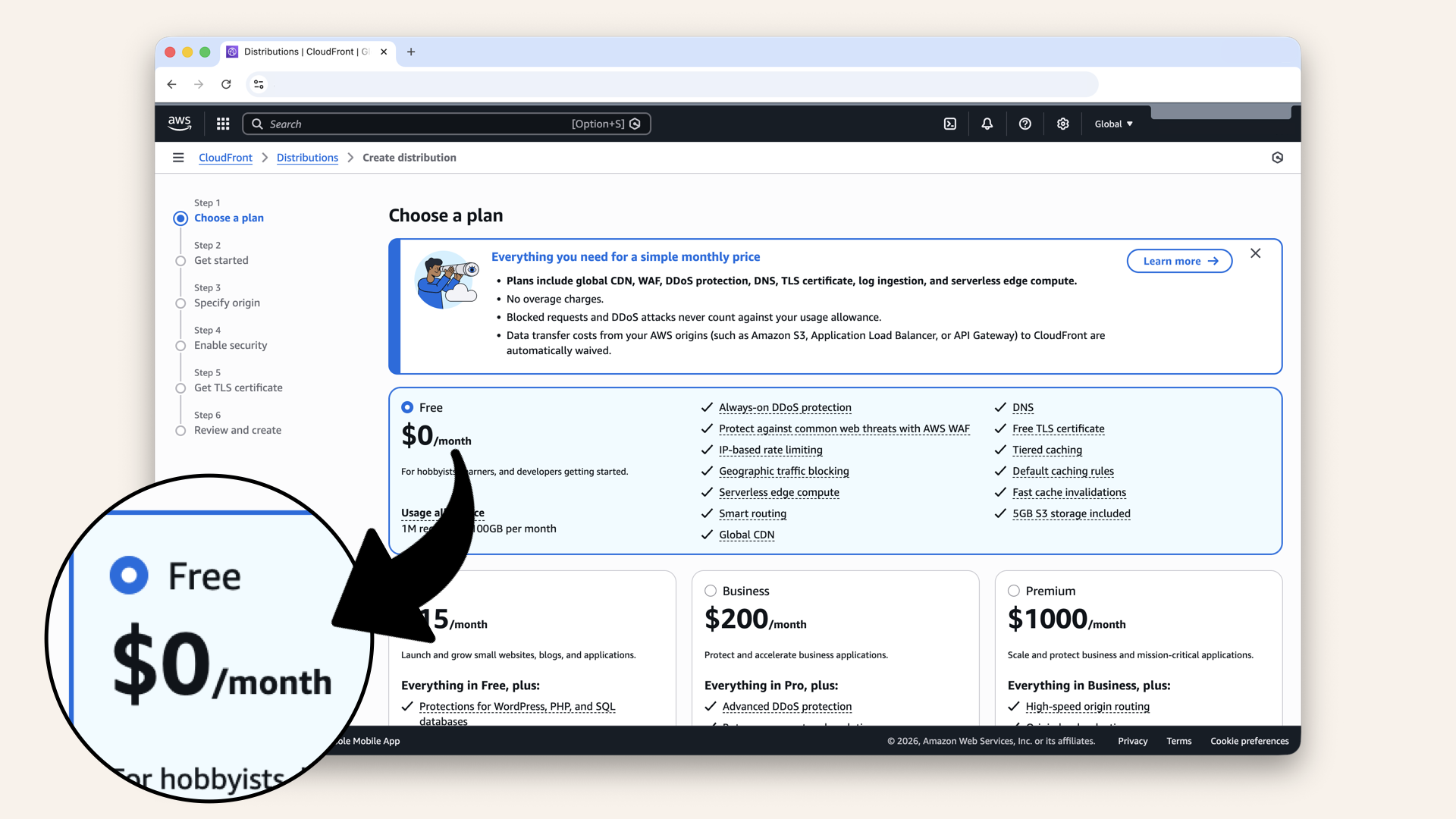 Select the Free flat-rate plan
