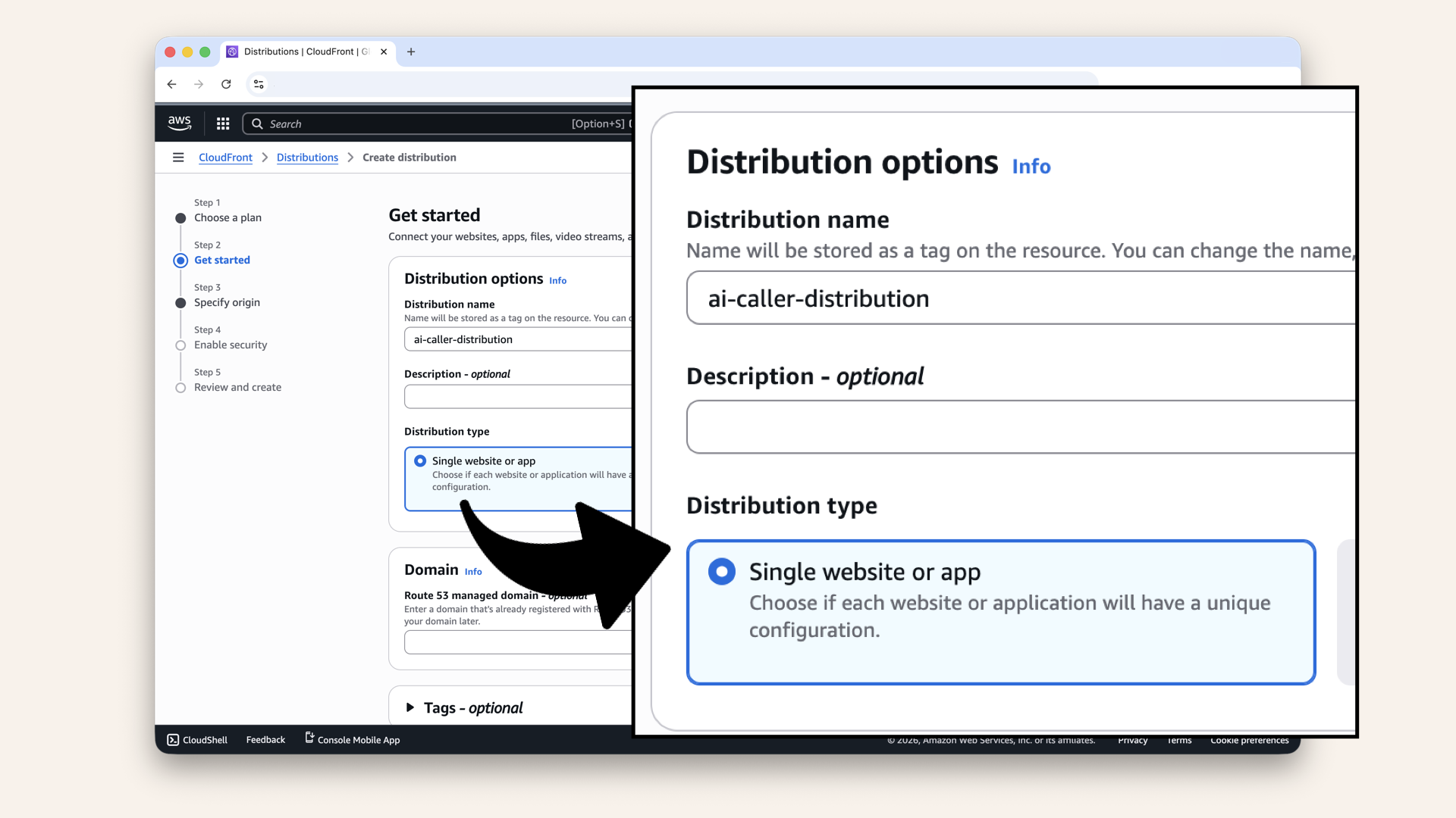 Name your distribution and select Single website or app