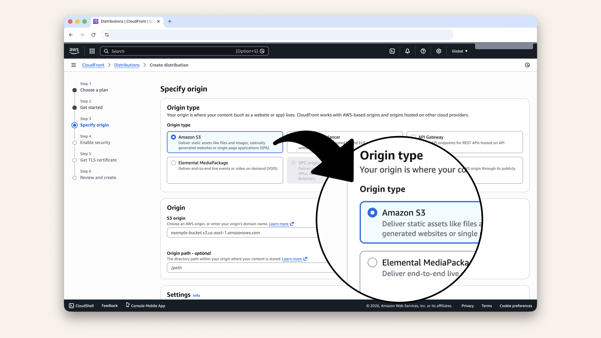 Select Amazon S3 as Origin type