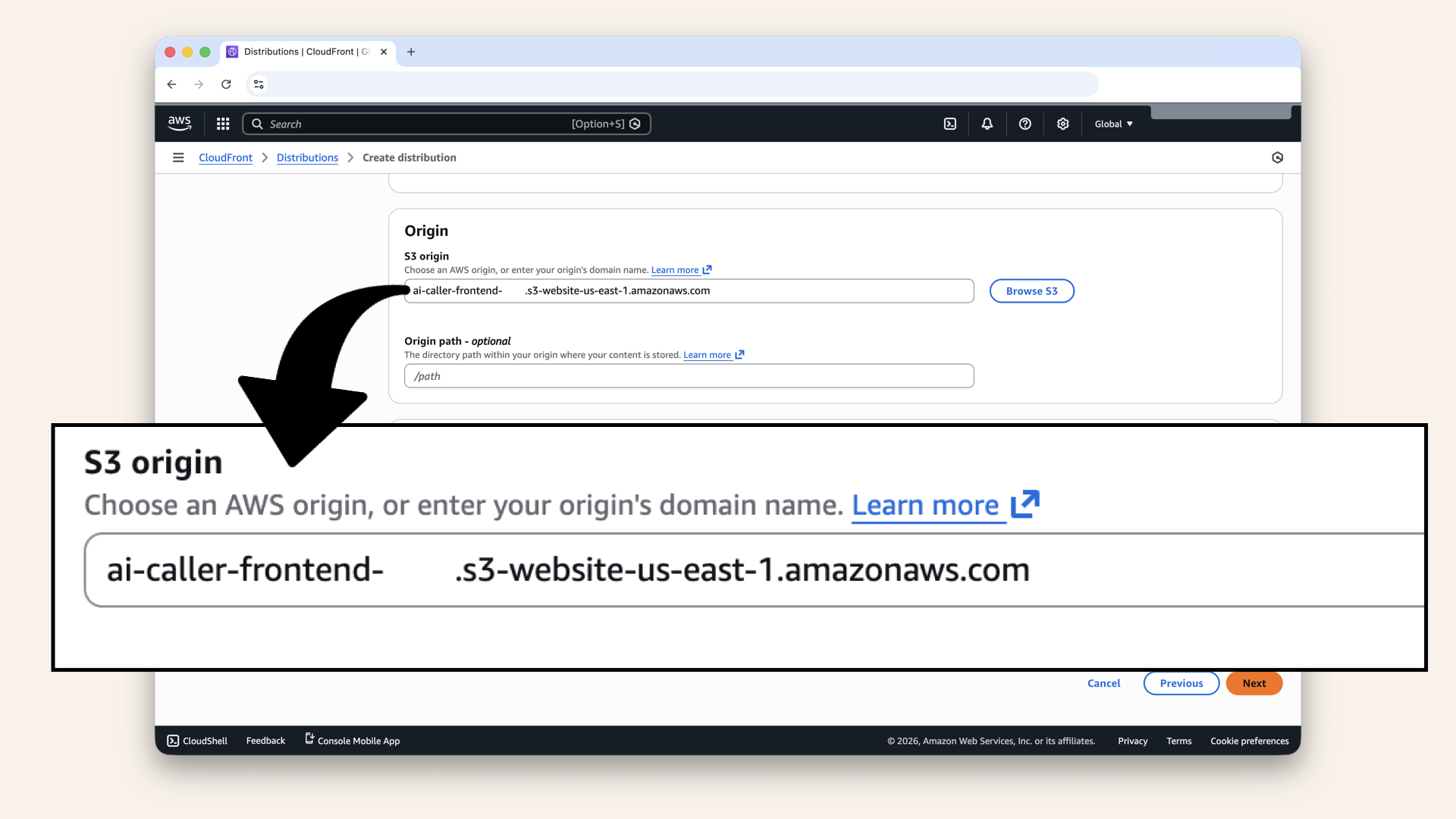 Paste your S3 website endpoint (NOT the bucket name dropdown!)