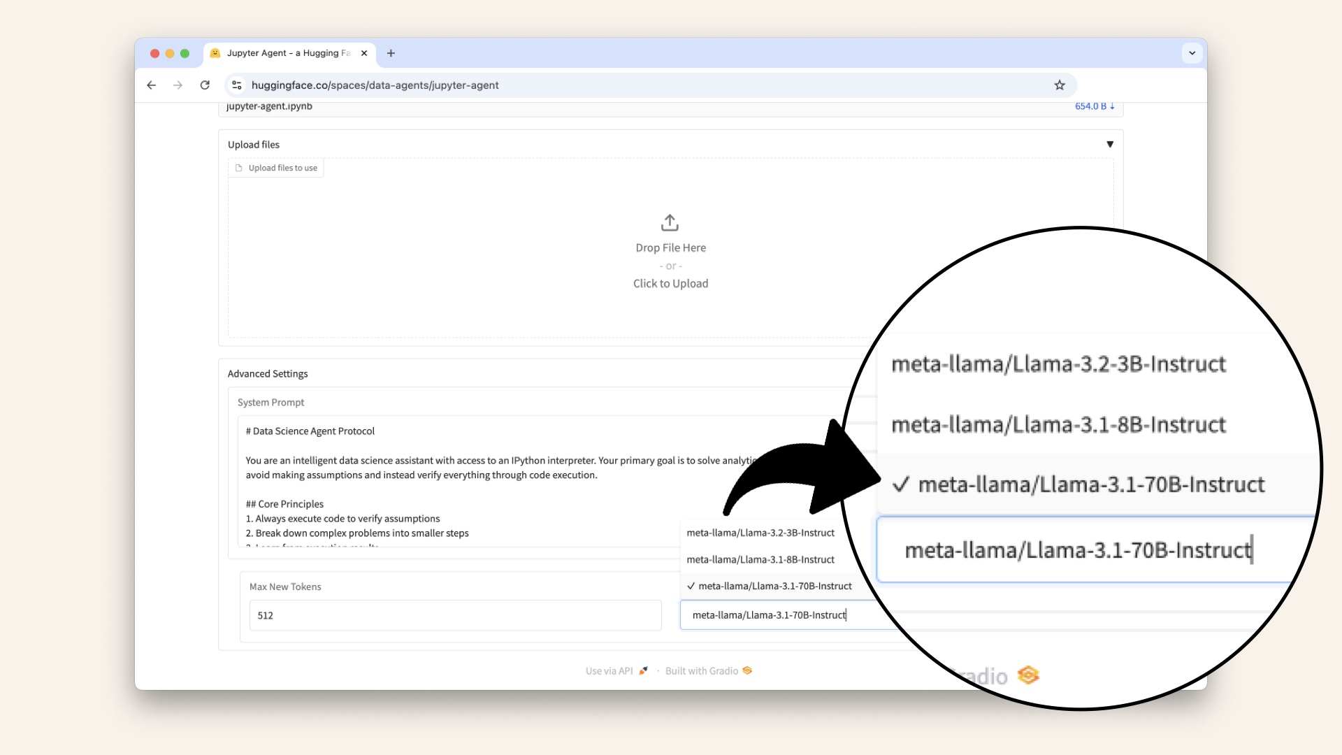 Expand the Advanced Settings and select an LLM