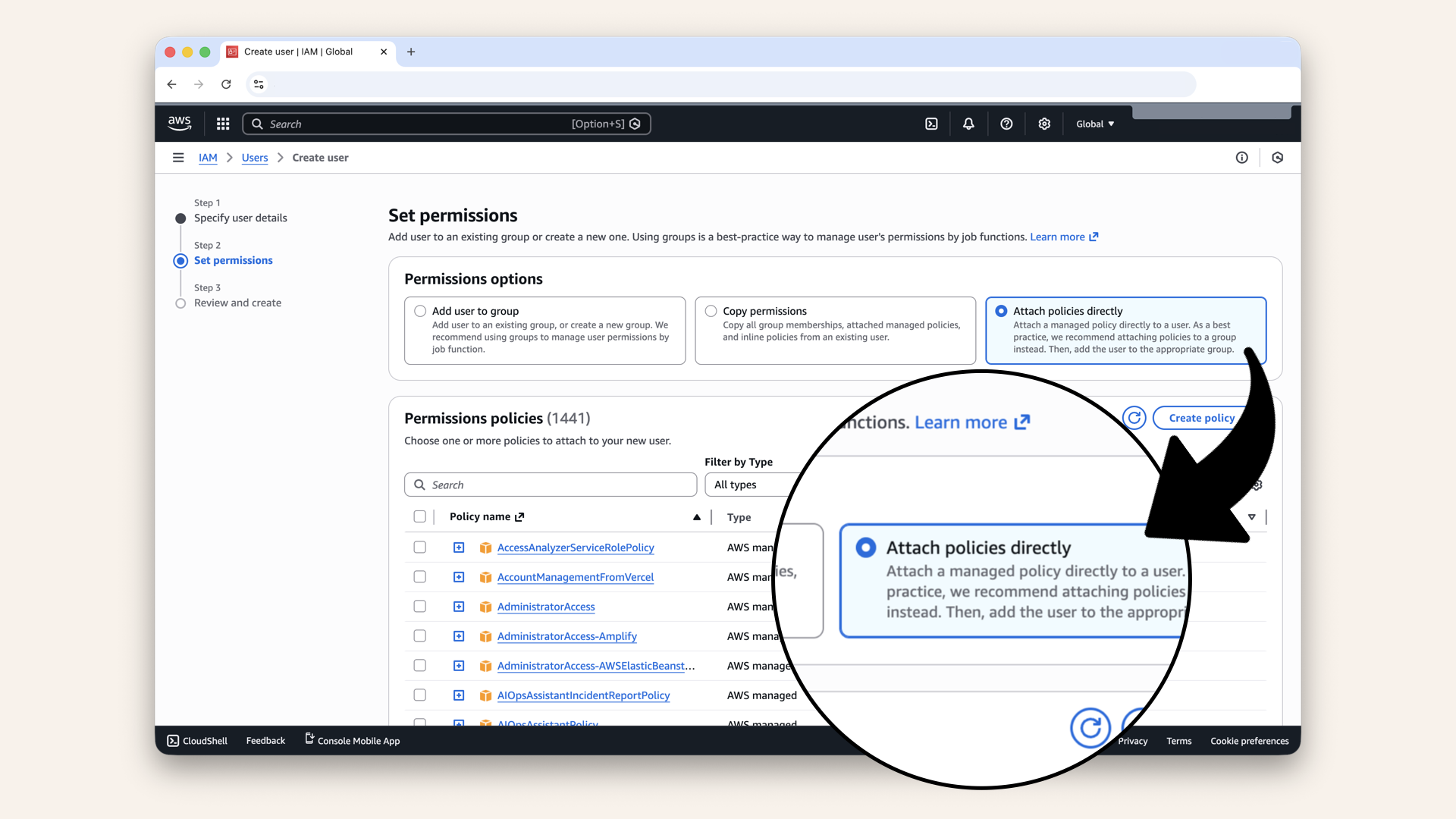 Select Attach policies directly