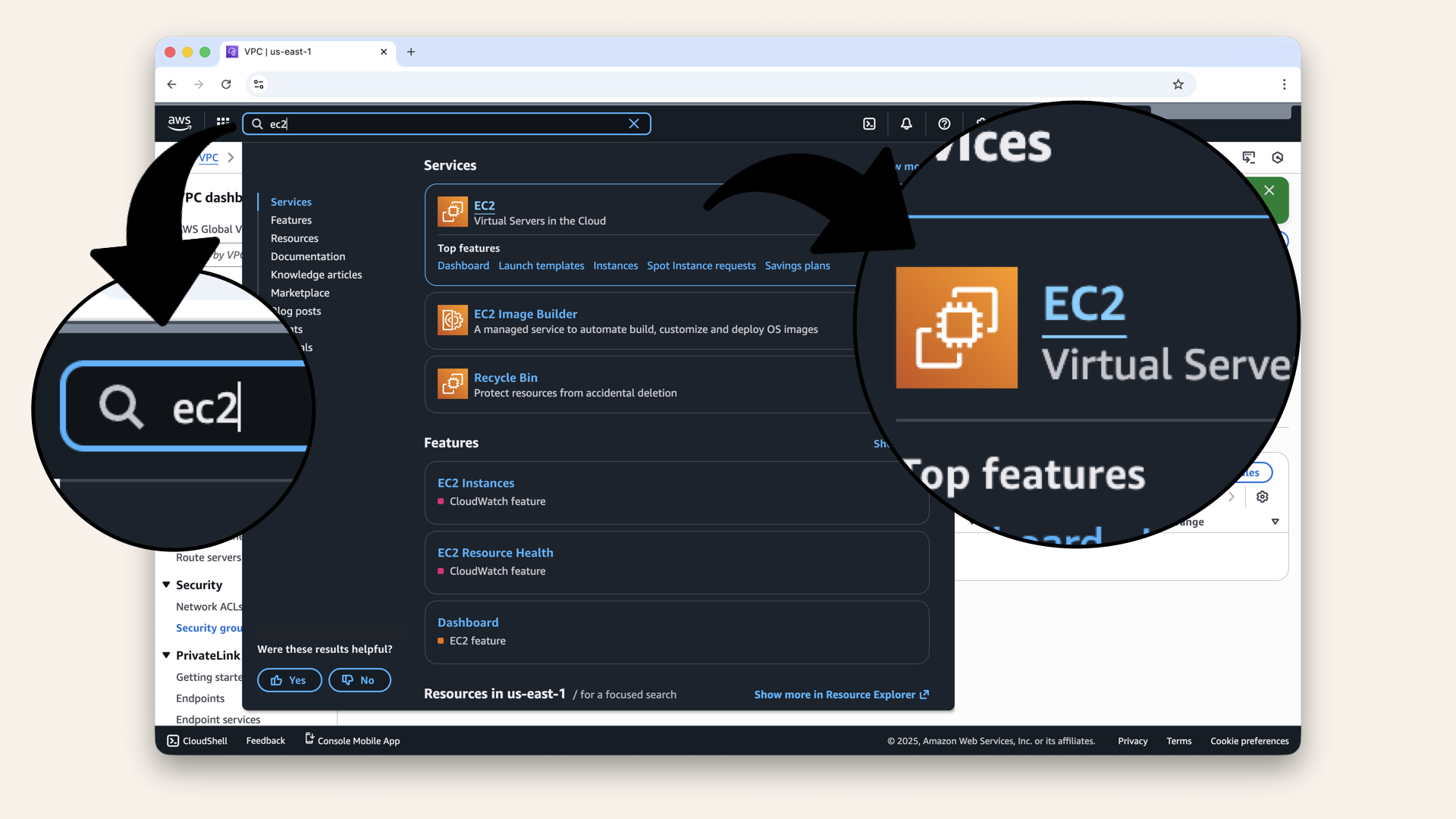 In the search bar at the top, type ec2 and click EC2 from the dropdown menu