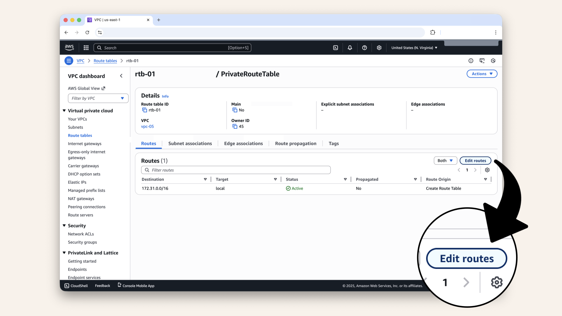 Click Edit routes from the route table overview Click Edit routes from the route table overview