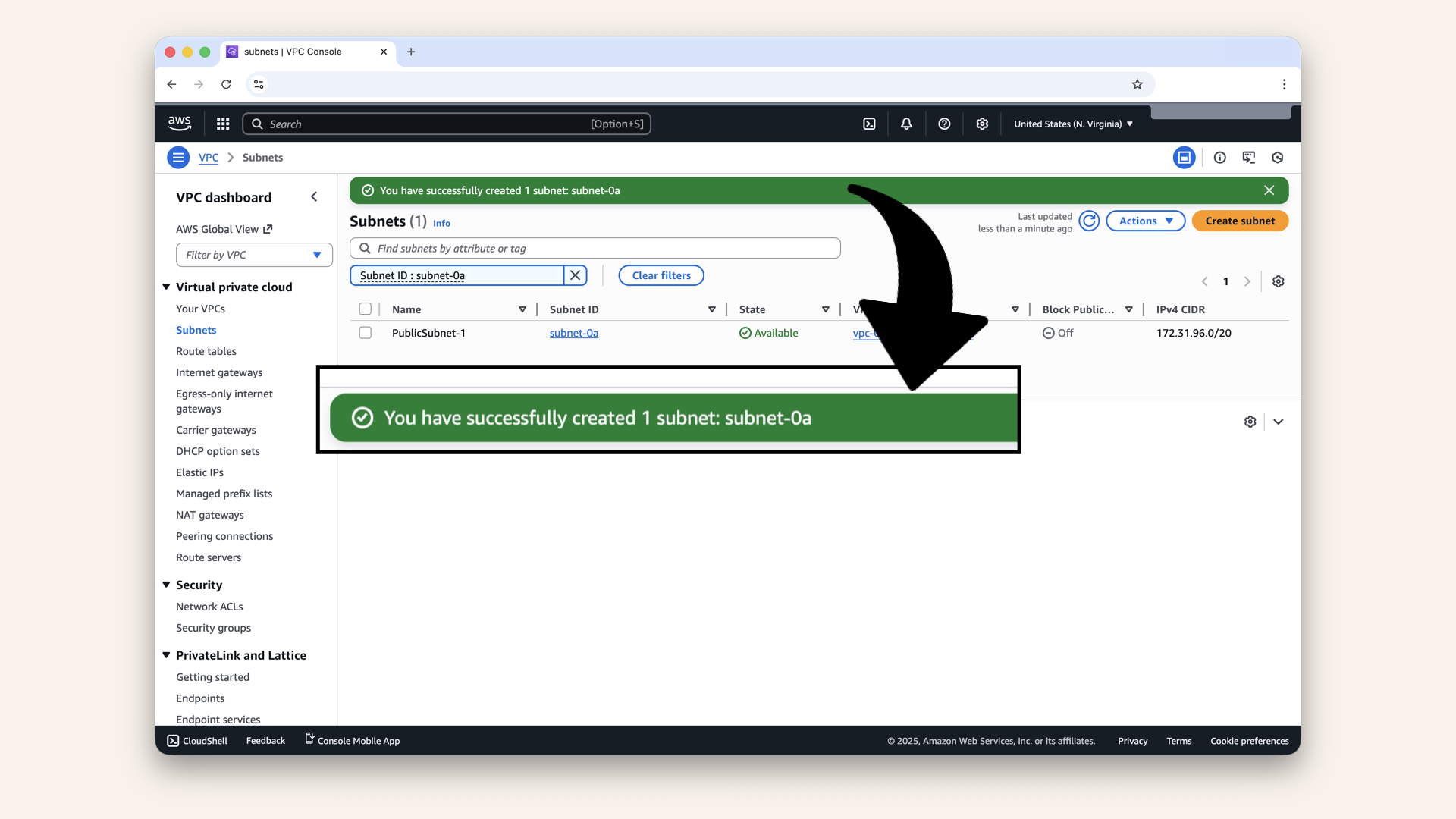 You should now see a successfully created subnet You should now see a successfully created subnet