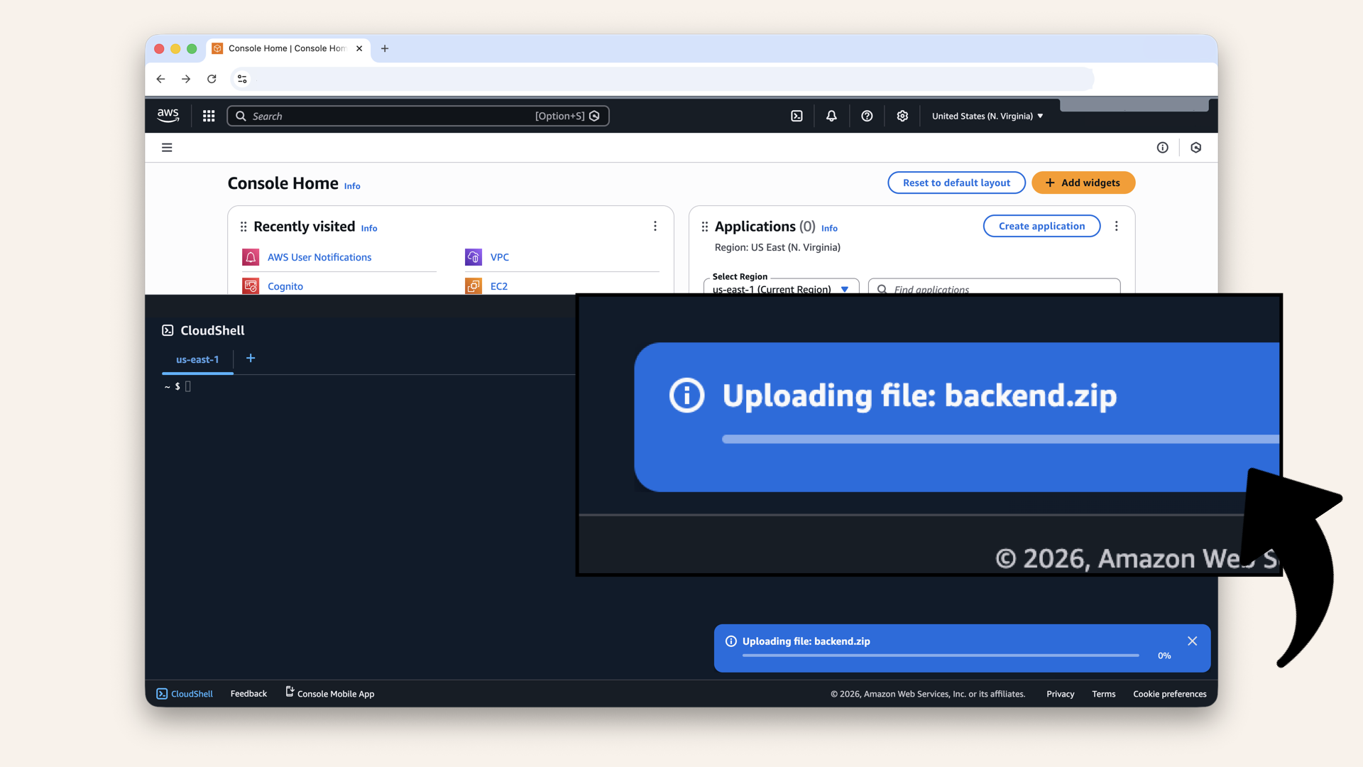 You will see CloudShell upload backend.zip