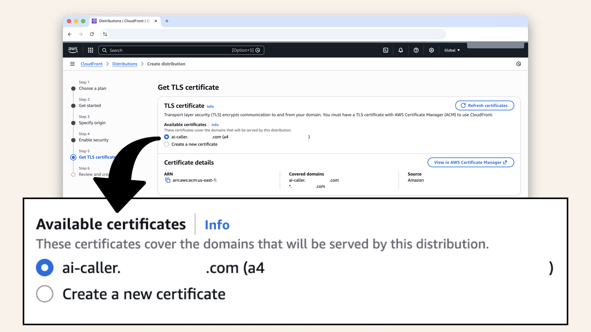 CloudFront automatically found your certificate from AWS Certificate Manager