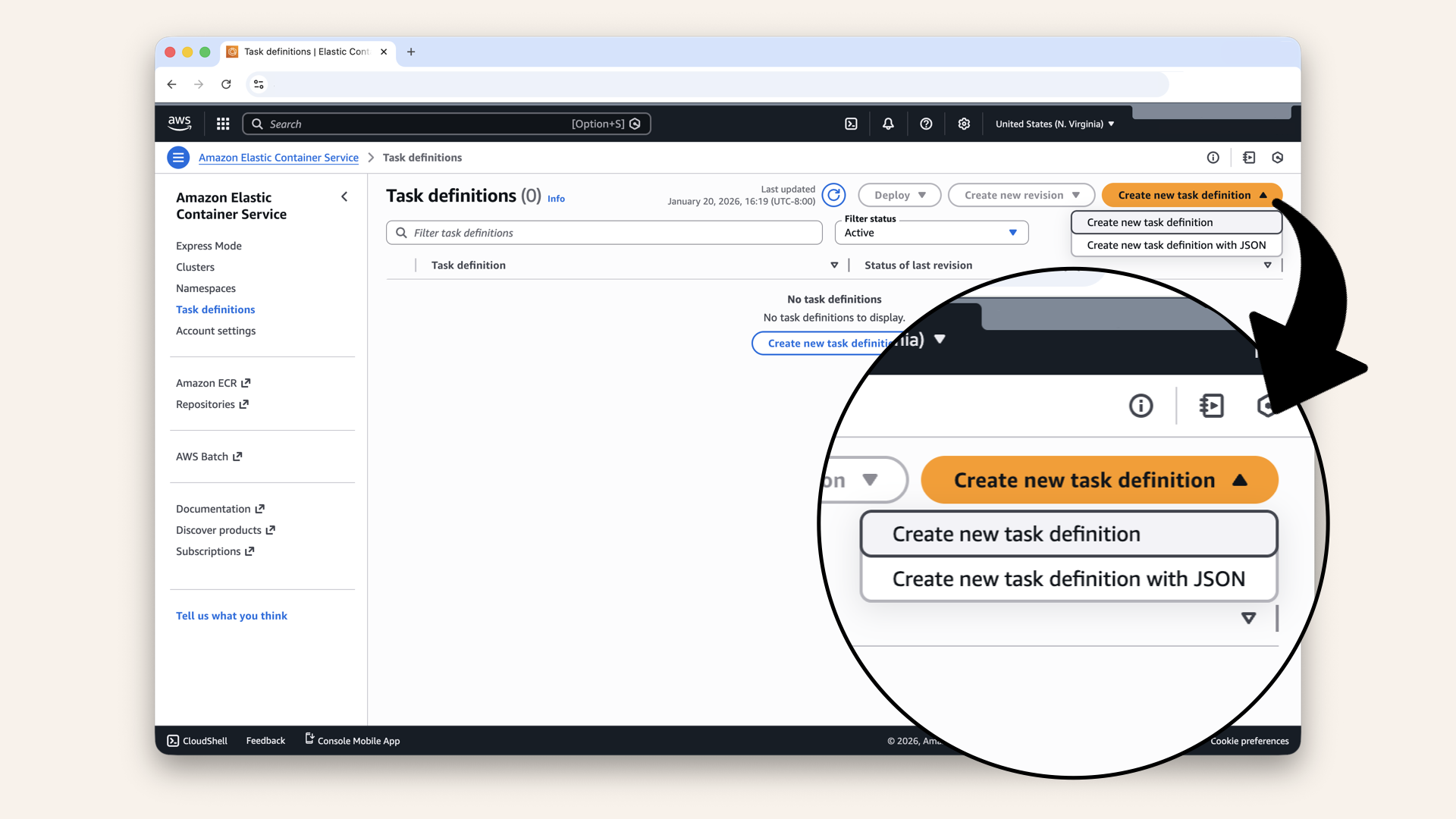Click Create new task definition and then click Create new task definition again in the dropdown