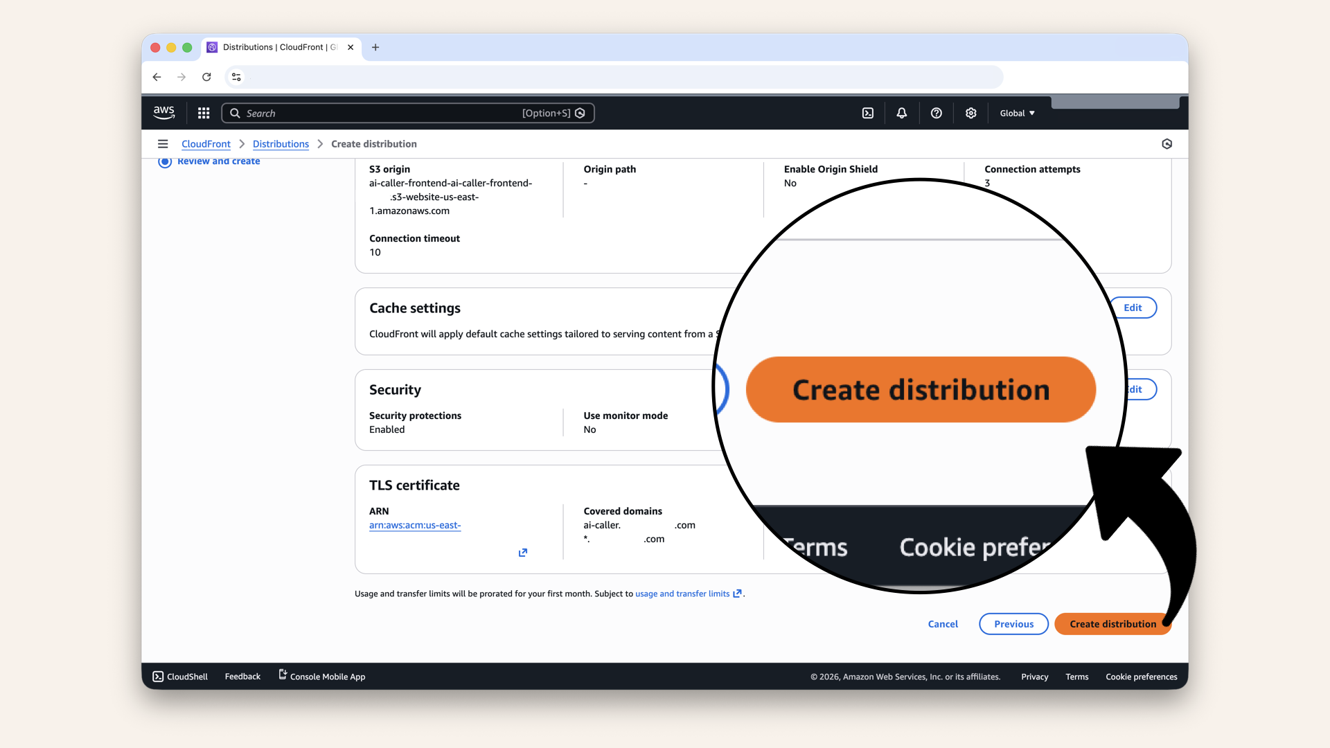 Scroll all the way down and click Create distribution
