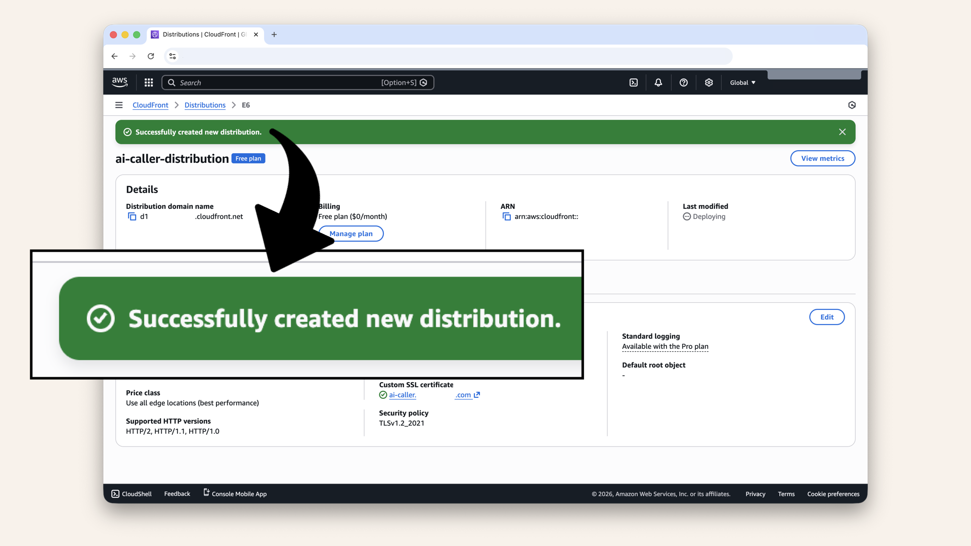 You should see Successfully created new distribution