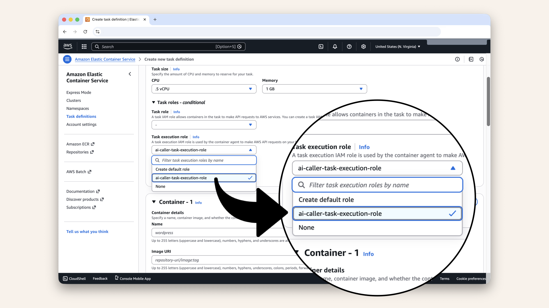 Select the ai-caller-task-execution-role as Task execution role