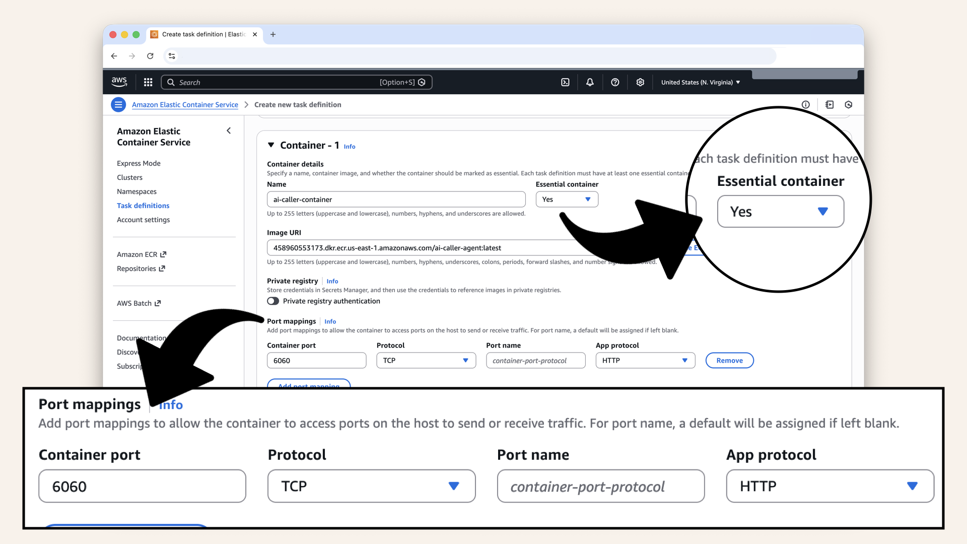 Select Yes for Essential container and change the container port to 6060