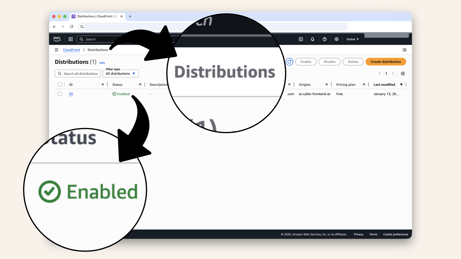 Once you see deploying shift to enabled CloudFront is successfully deployed