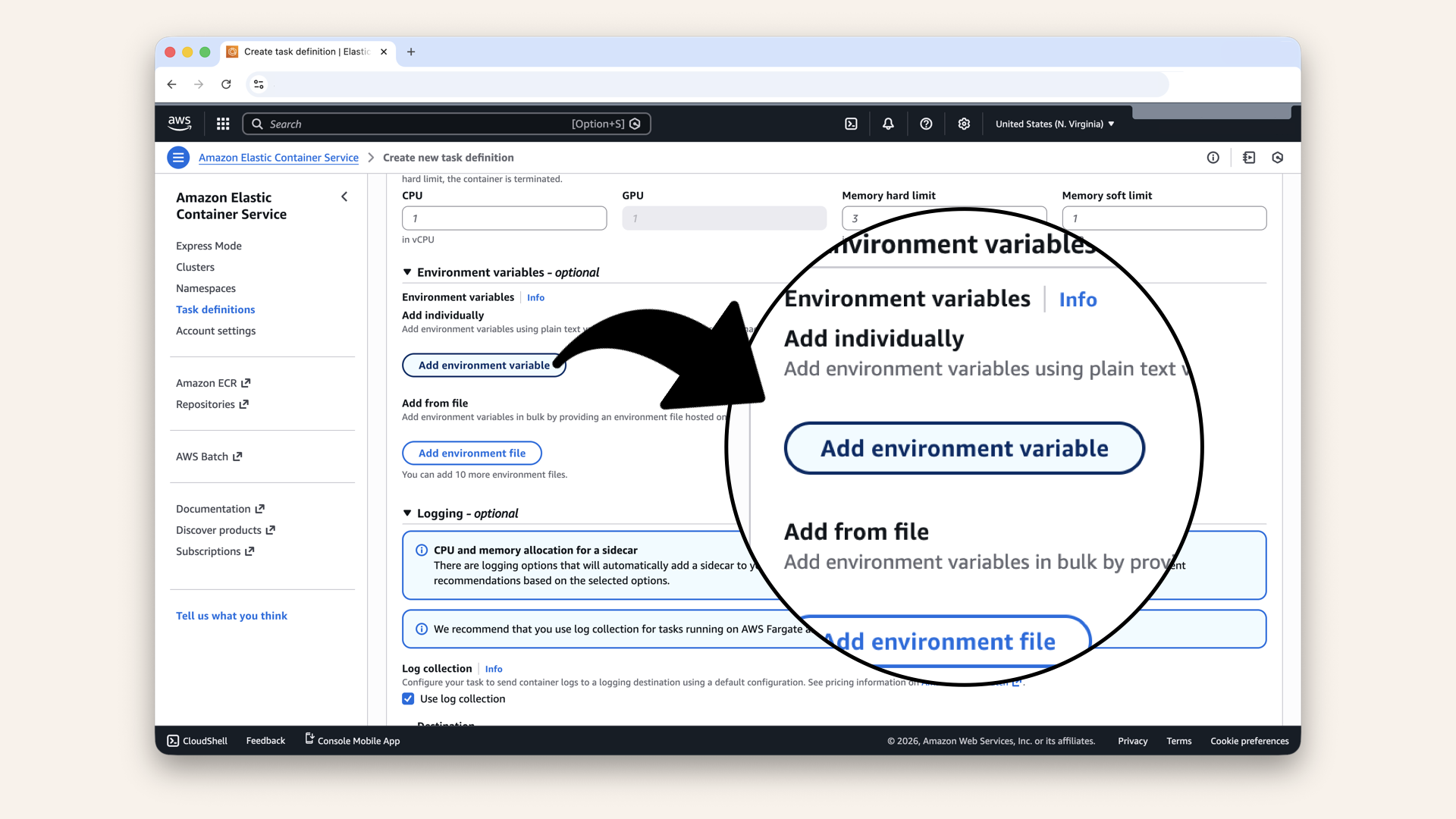 Expand the Environmental variables section and click Add environmental variable