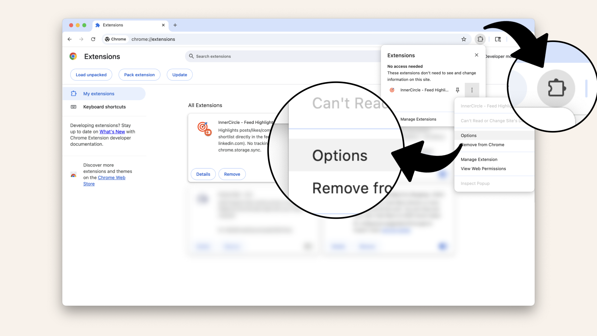 Click on the extension icon in the right corner and then Options