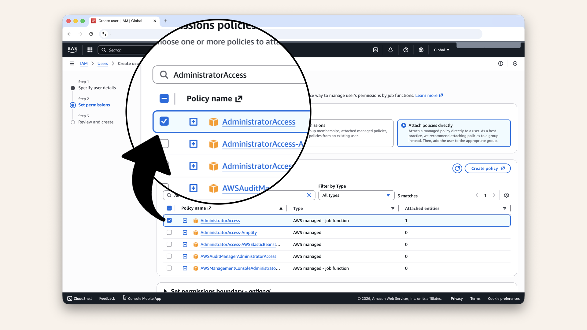 Search for and select the AdministratorAccess policy
