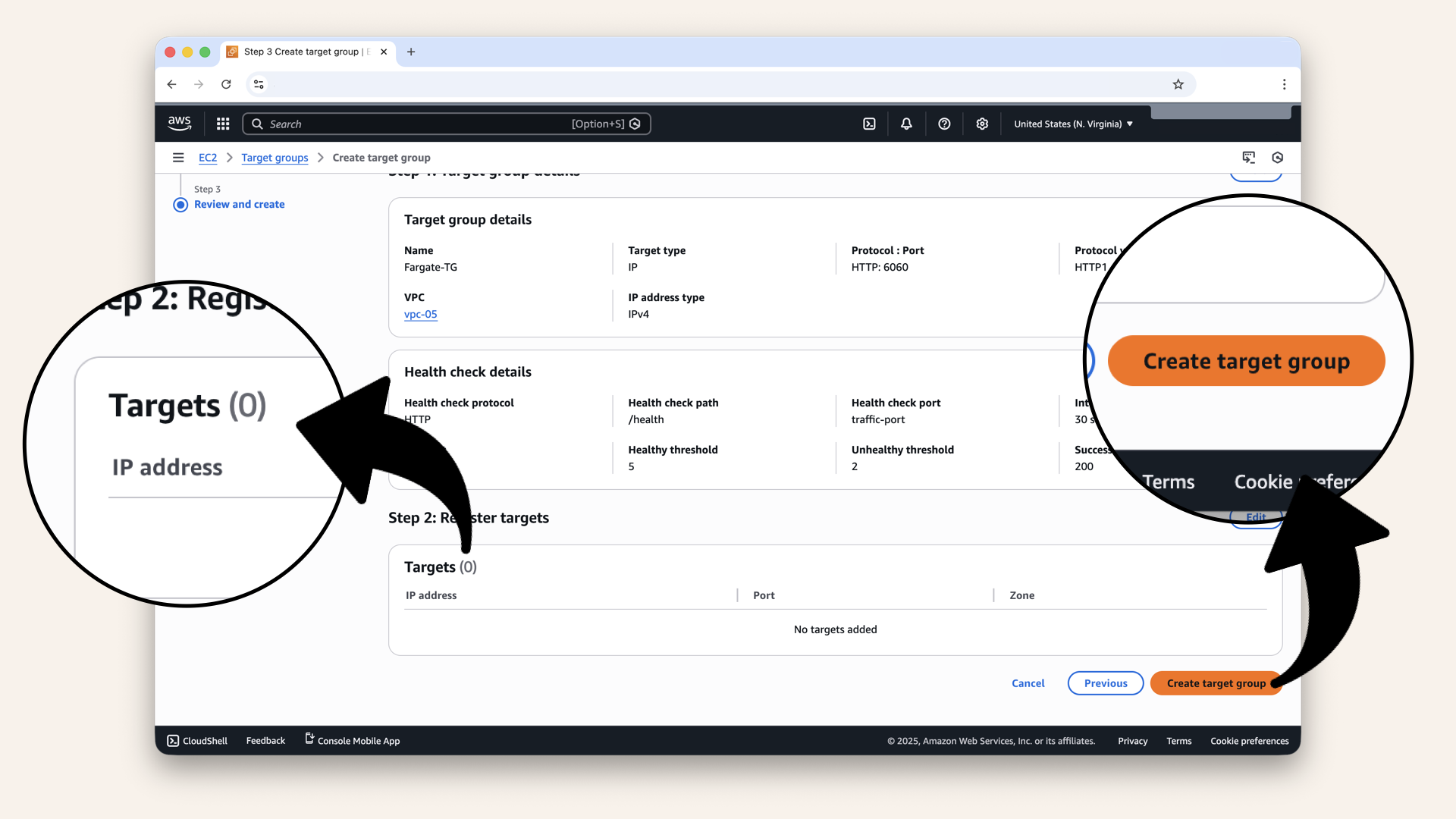Review your settings, make sure it says 0 Targets, then click Create target group