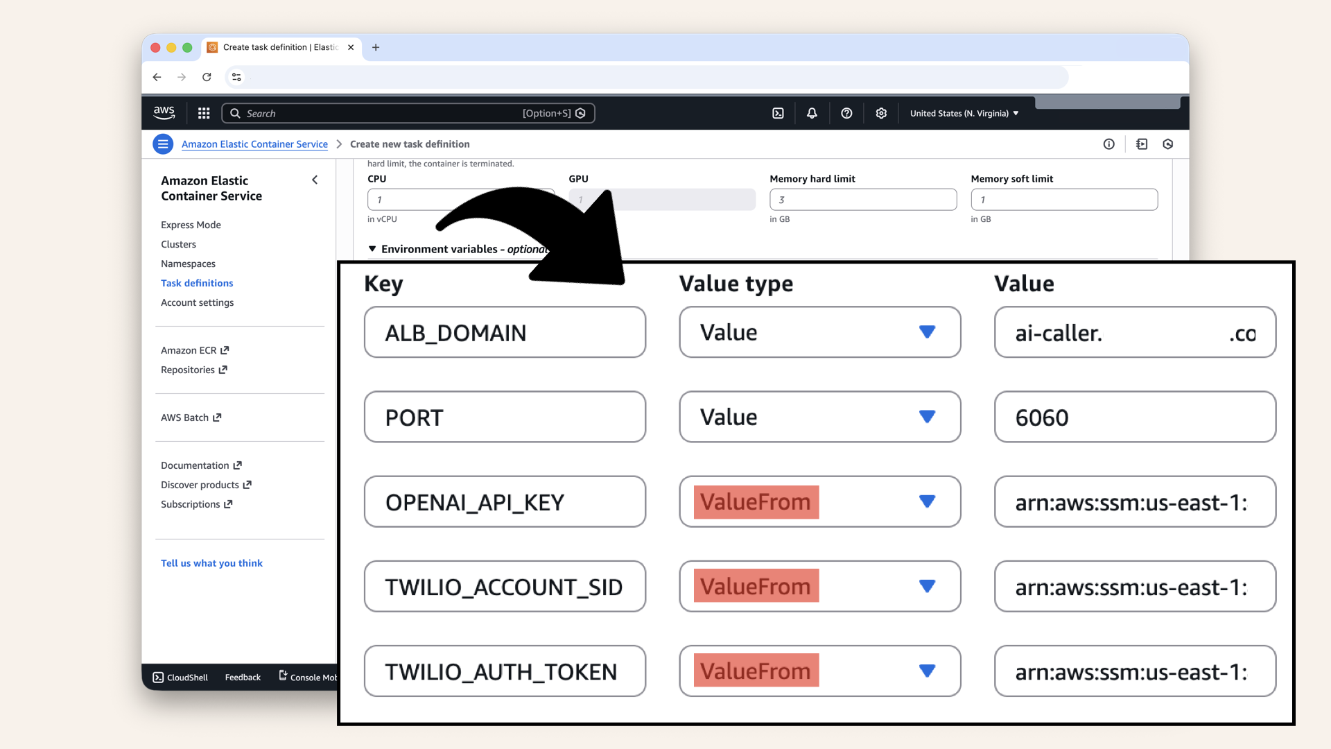 You should have 5 environmental variables, remember to select ValueFrom for the secrets
