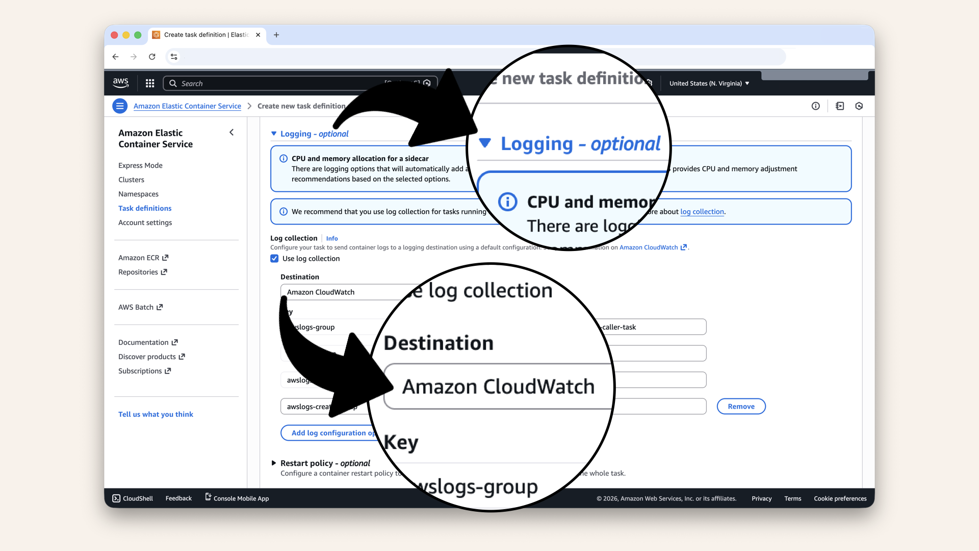 Expand the Logging section and ensure CloudWatch Logs is selected