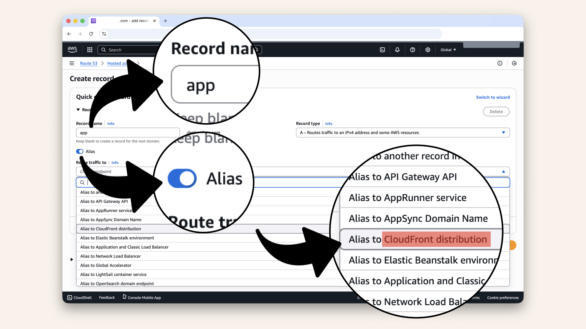 Check Alias and select CloudFront distribution in the dropdown