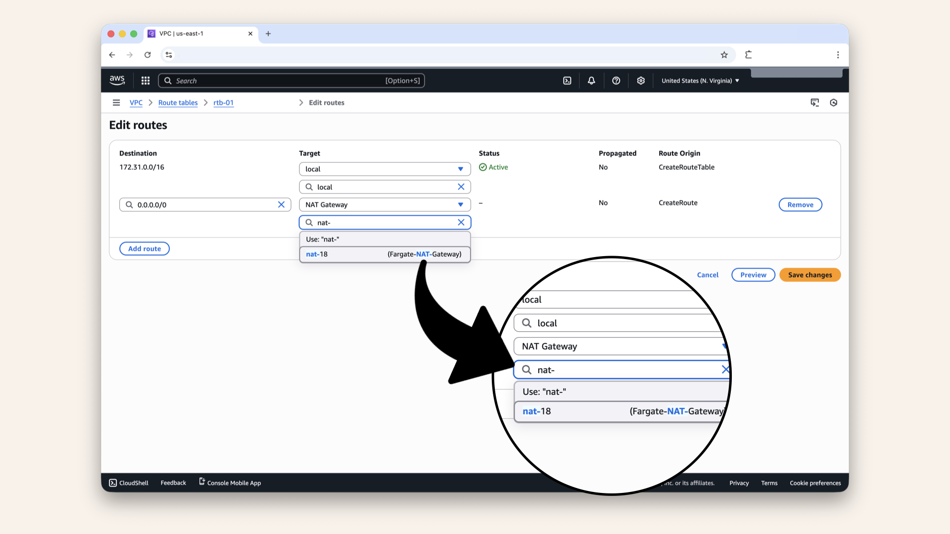 Select NAT Gateway as Target then click on Fargate-NAT-Gateway Select NAT Gateway as Target then click on Fargate-NAT-Gateway