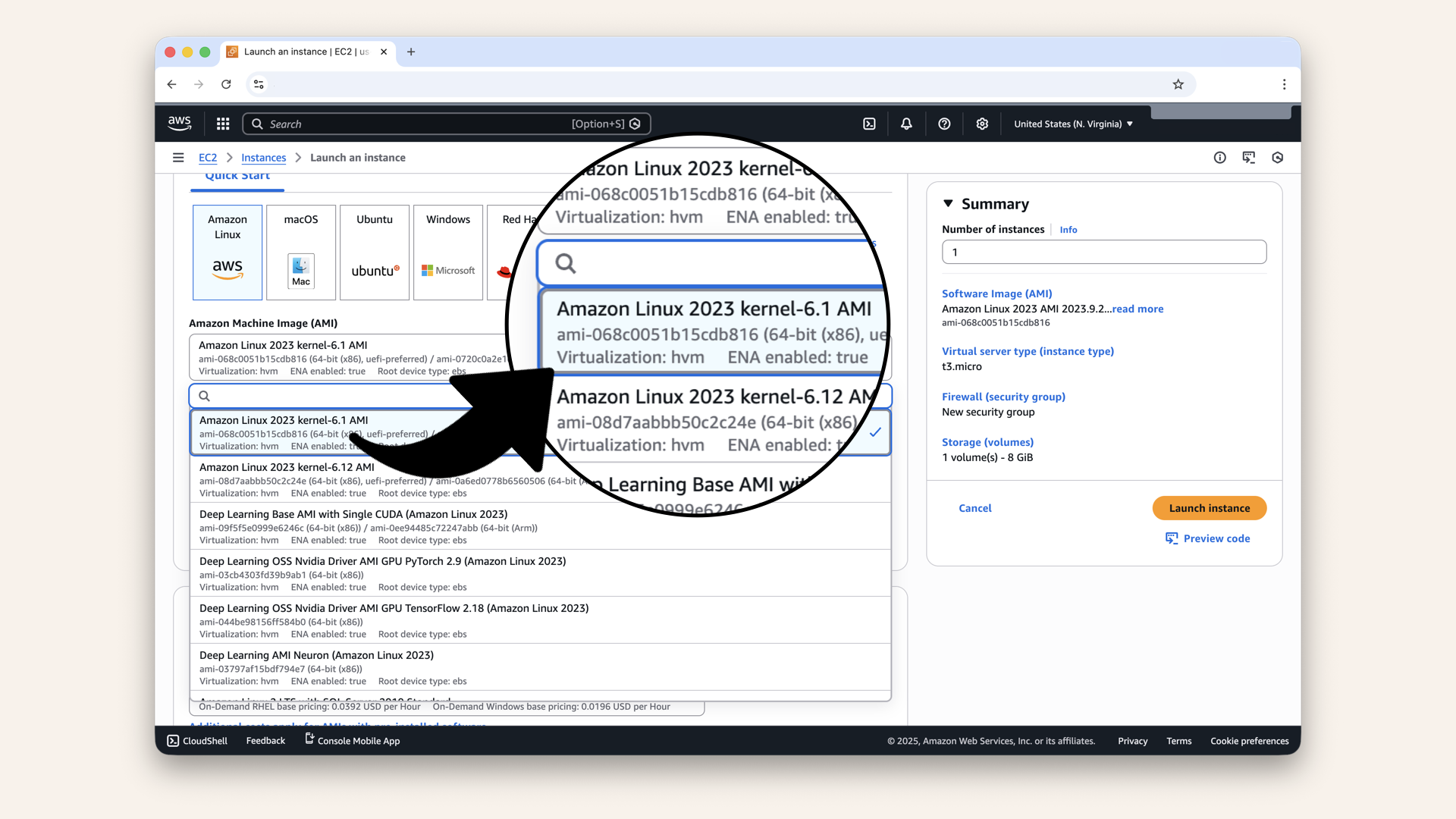 Scroll down to Amazon Machine Image (AMI), select Amazon Linux 2023 Scroll down to Amazon Machine Image (AMI), select Amazon Linux 2023