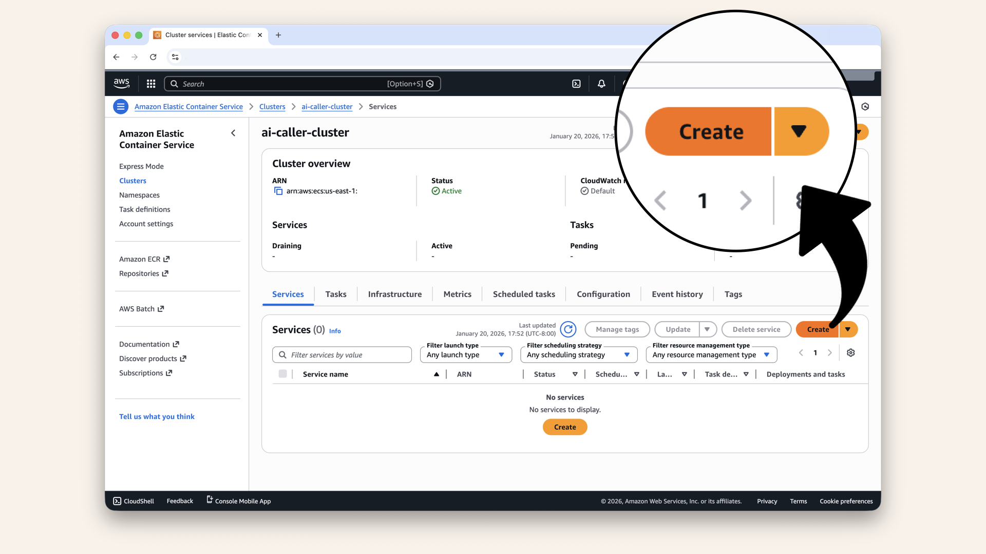 In the Services tab, click Create
