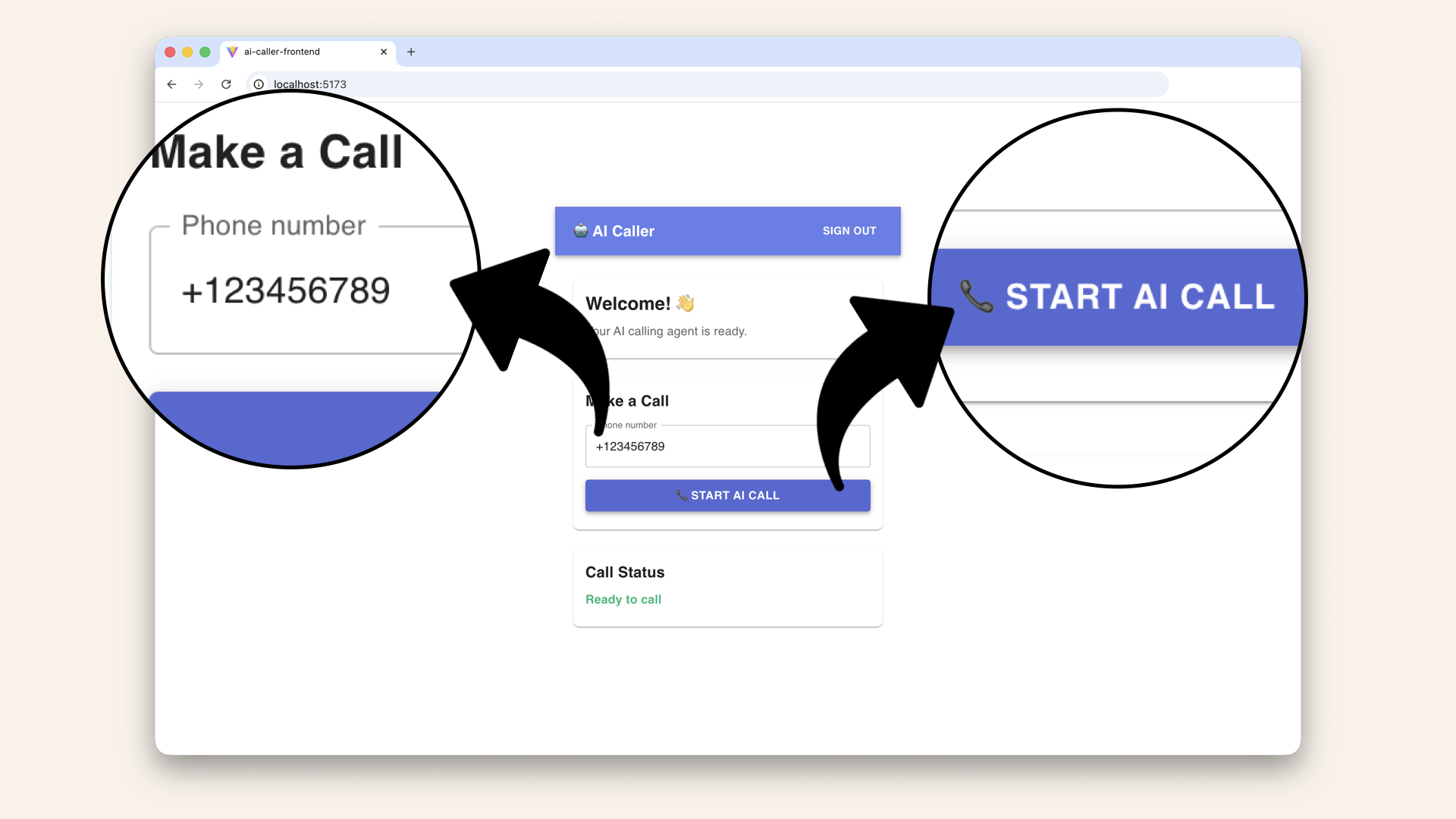 Add a made-up phone number and try to click on Start AI call